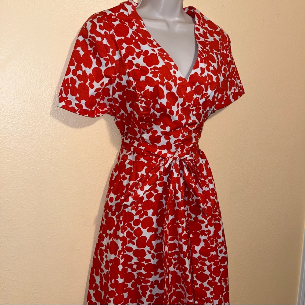 Boden Classic Mock Wrap Dress Red White Sz 10 Knee Length Short SleeveTimeless